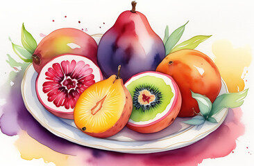 Fresh fruits. Breakfast. Assorted exotic fruit plate colorful background, watercolor drawing