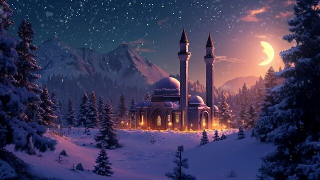 mosque nestled in a snow , loop video background animation, cartoon anime style, for vtuber / streamer backdrop