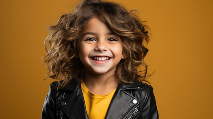 little cute girl in a black leather biker jacket smiling on a color background in the studio, children, child, childhood, teenager, kid, schoolgirl, fashion, style, rock, space for text, rocker, rebel - obrazy, fototapety, plakaty