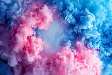 Panoramic view of the abstract neon fog with frame in the middle. Colourful cloudiness, mist or smog moves. Beautiful swirling smoke. Mockup for your logo. Wallpaper or web banner.