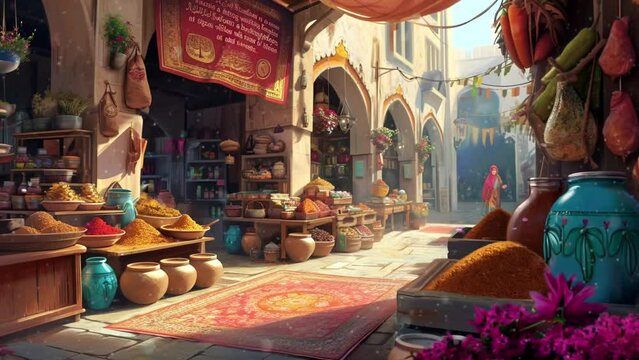 markets in Arabia during the month of Ramadan, loop video background animation, cartoon anime style, for vtuber / streamer backdrop