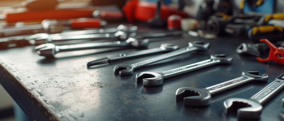 An assortment of essential tools spread out on a workshop table, symbolizing skilled trade and craftsmanship