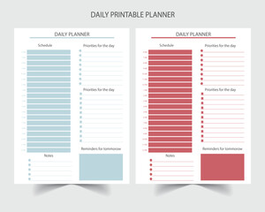 Daily planner printable template Vector. Blank white notebook page A4. Business organizer schedule page for a day for effective planning. Paper sheet. Vector illustration design