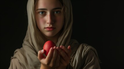 Mary Magdalene is holding a red egg on a dark background. The young Mary Magdalene turned the egg red with the words Jesus is Risen by the power of faith. The Easter tradition of painting eggs