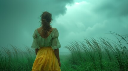 Obraz premium Woman with her back in beautiful tropics in the rainy weather