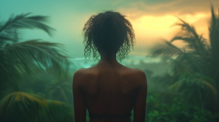 Woman with her back in beautiful tropics in the rainy weather