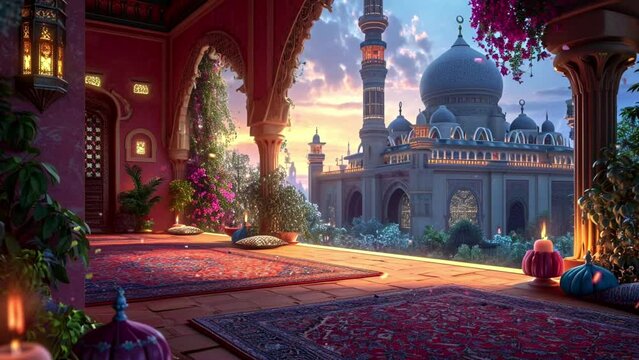 mosque surrounded by diverse cultural elements, loop video background animation, cartoon anime style, for vtuber / streamer backdrop