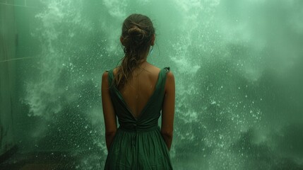 Woman with her back in beautiful tropics in the rainy weather
