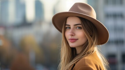 Outdoor close up fashion portrait of young elegant lady wearing beige fedora hat, trendy chain necklace, blue denim shirt, posing in street of European city.