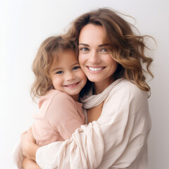 Happy mother and child in casual clothes standing on a white background. Smiling mother hugging her daughter. Closeup studio portrait of caucasian mom and her child smiling with shiny white teeth.