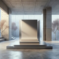 Indoor podium display on raw concrete of Atrium 