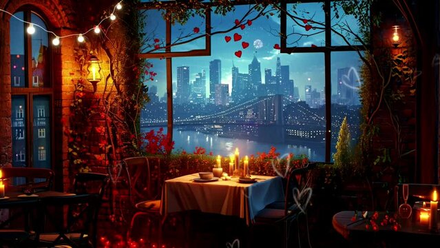 candlelit dinner with city skyline, loop video background animation, cartoon anime style, for vtuber / streamer backdrop