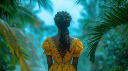 Woman with her back in beautiful tropics in the rainy weather