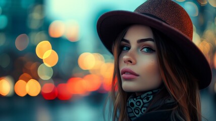 Outdoor close up fashion portrait of young elegant lady wearing beige fedora hat, trendy chain necklace, blue denim shirt, posing in street of European city.