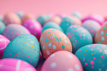 Fototapeta na wymiar a lot of Easter eggs blue, pink speckled