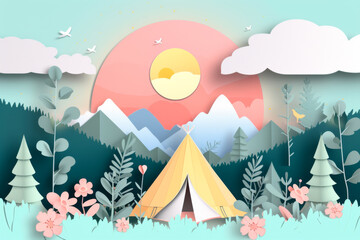 Beautiful natural landscape with tent for spring summer season in paper art style background.