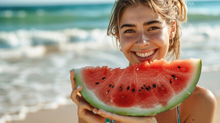 happy girl smiling and holding a slice of juicy watermelon on the beach at sea
