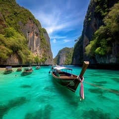Phi Phi Island. Image of boats standing in azure water on the Phi Phi island. Beautiful Thai island with clear water and small wooden boats. Amazing island with extremely beautiful water in Thailand.