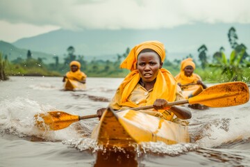 A young African woman in traditional clothing vigorously paddling a canoe on a river with a group, capturing the essence of culture and adventure.