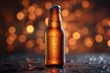 Close up view on a chilled beer bottle on bokeh background - obrazy, fototapety, plakaty