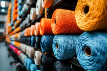 Colorful spools of yarn on shelves, showcasing a variety of textures and shades for crafts and textiles. - obrazy, fototapety, plakaty