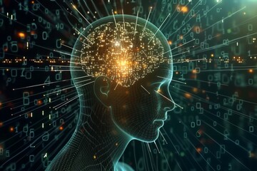 Naklejka na ściany i meble Human head with a luminous brain network, consciousness, artificial intelligence