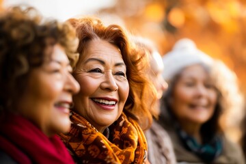 Obraz premium A heartwarming image of smiling senior women enjoying a vibrant autumn day together in the park.