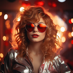Obraz premium beautiful young smiling woman wearing heart shaped glasses on shiny background, party, valentine's day, romance, fashion, love, style, girl, portrait, face, holiday, dancing, club, disco
