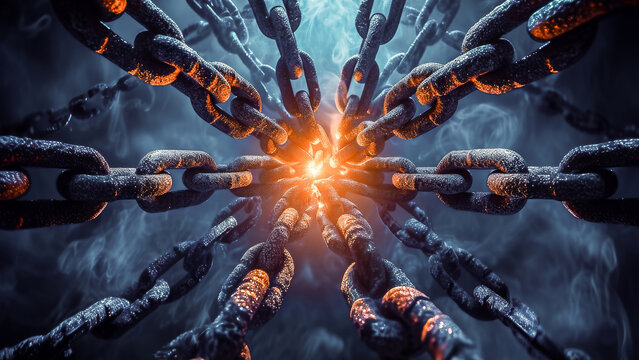 A creative image showcasing a network of interconnected metallic chains with a strong bond and unified strength.