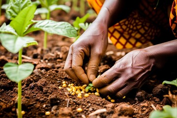 Close-up of hands planting seeds in fertile soil, representing agriculture, growth, and sustainable farming practices.