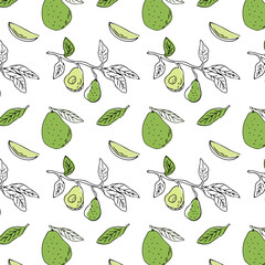 Avocado outline and color seamless pattern. Whole avocado, sliced pieces, half, leaf and seed, avocado on branch - sketch. Hand drawn vector illustration can used for wrapping, textile, poster. 