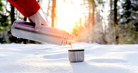 A tourist pours tea from a thermos in a winter forest - obrazy, fototapety, plakaty