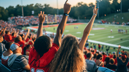 Excited couple passionately supports their favorite team during a thrilling local football game, filling the stands with loud cheers and gestures of jubilation.