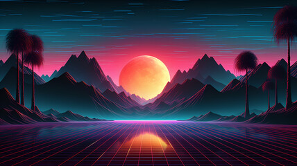 neon lights mountain landscape, Lofi  background