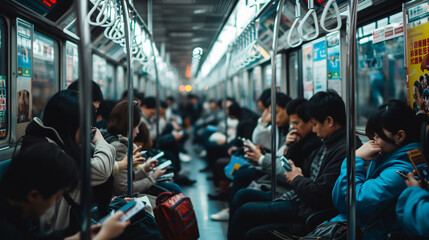 Commuters engrossed in technology, oblivious to the world around them, on a bustling train. Modern and disconnected society concept.