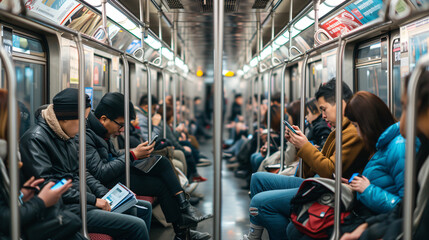 Commuters engrossed in technology, oblivious to the world around them, on a bustling train. Modern and disconnected society concept. - obrazy, fototapety, plakaty