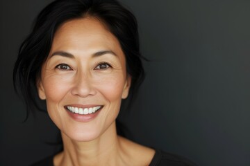 Fototapeta premium Middle aged happy mature asian woman, senior 50 year lady looking away, isolated on white closeup headshot.