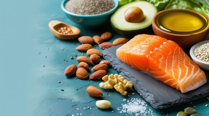 Healthy Omega-3 Rich Foods on Blue Background - obrazy, fototapety, plakaty