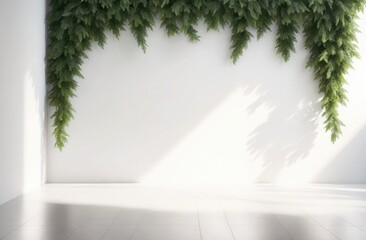 A tranquil corner with lush green foliage hanging over a white minimalist backdrop, illuminated by a soft beam of light creating gentle shadows on the wall