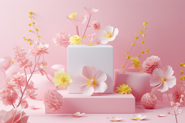 3d render botanical background cube pedestal decorated with pink yellow flower.