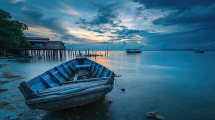Naklejka na ściany i meble boat on the sea, fishing village, the beauty of twilight the view of the sky and sea. 