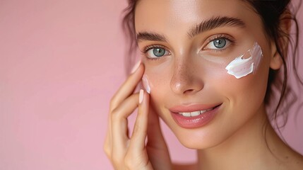 Beautiful woman gently applying moisturizer cream on her face for skin care and cosmetic procedure