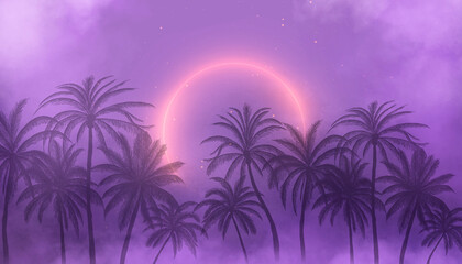 Silhouettes of tropical palm trees on a background of abstract background with neon glow.