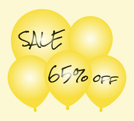 Sale and 65% off written in pen on yellow balloons.