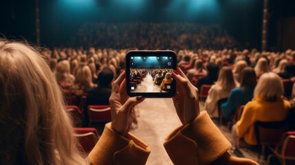 A woman takes a photo on her smartphone while watching a fashion show showing off the designer's new clothing collection. - obrazy, fototapety, plakaty