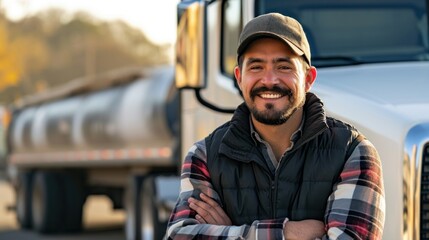 Portrait of confident truck driver on parking lot looking at camera. Copy space - obrazy, fototapety, plakaty