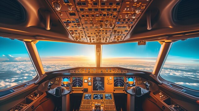 Modern civil airplane pilot s flight deck interior with control panel and dashboard   daylight