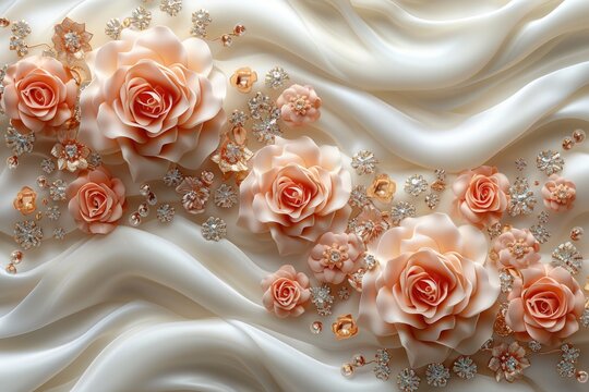 Luxurious 3D wallpaper with jewelry, roses, and butterflies on a silk background. Elegant and high-quality HD mobile wallpaper, featuring gold diamond floral jewelry and beautiful pink rose flowers.
