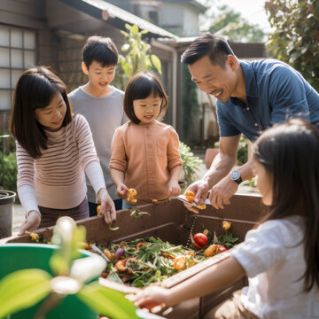lifestyle photo Asian American Family composting food waste.