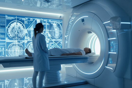 A patient in a futuristic medical facility having an MRI or CT scan in a hospital or clinical healthcare setting. 